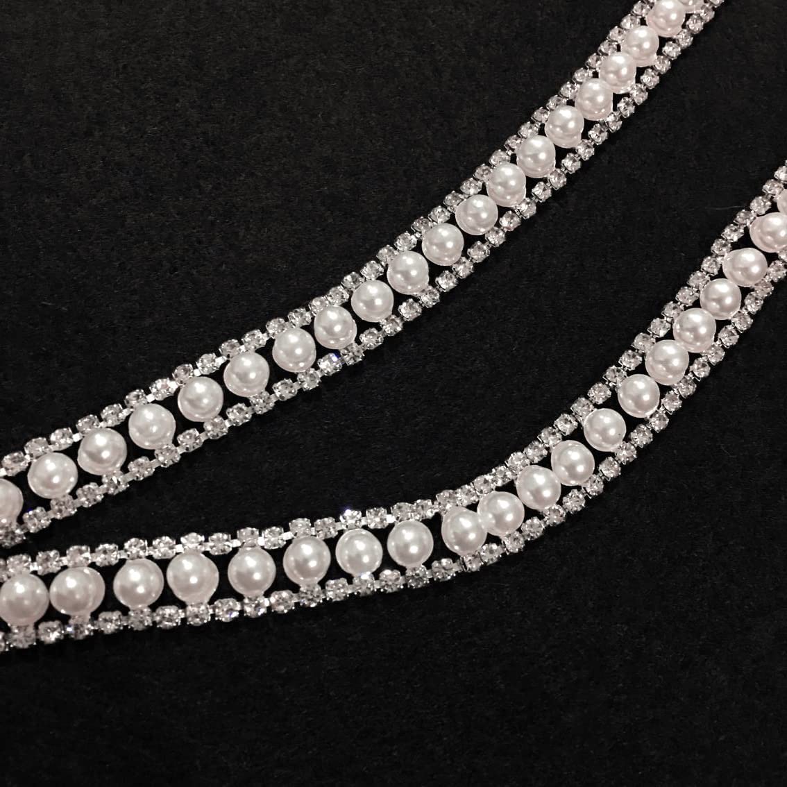 FQTANJU 1 Yard Crystal Rhinestone Trim Chain 2 Rows Crystal Chain Banding Diamond Inlaid White Pearl Beaded Rhinestones Applique for DIY Clothing Wedding Decorations and Bridal Embellishments