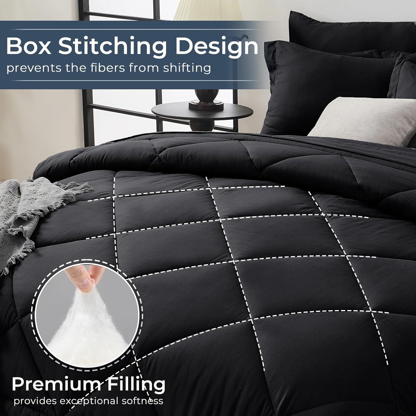 HEVUMYI Black 120x98 Oversized King Comforter Set - 7-Piece All Season Bed in a Bag Oversized King, Ultra Soft Bedding Set with 120 x 98 Comforter, Flat Sheet, Fitted Sheet, Pillowcases, Pillow Shams