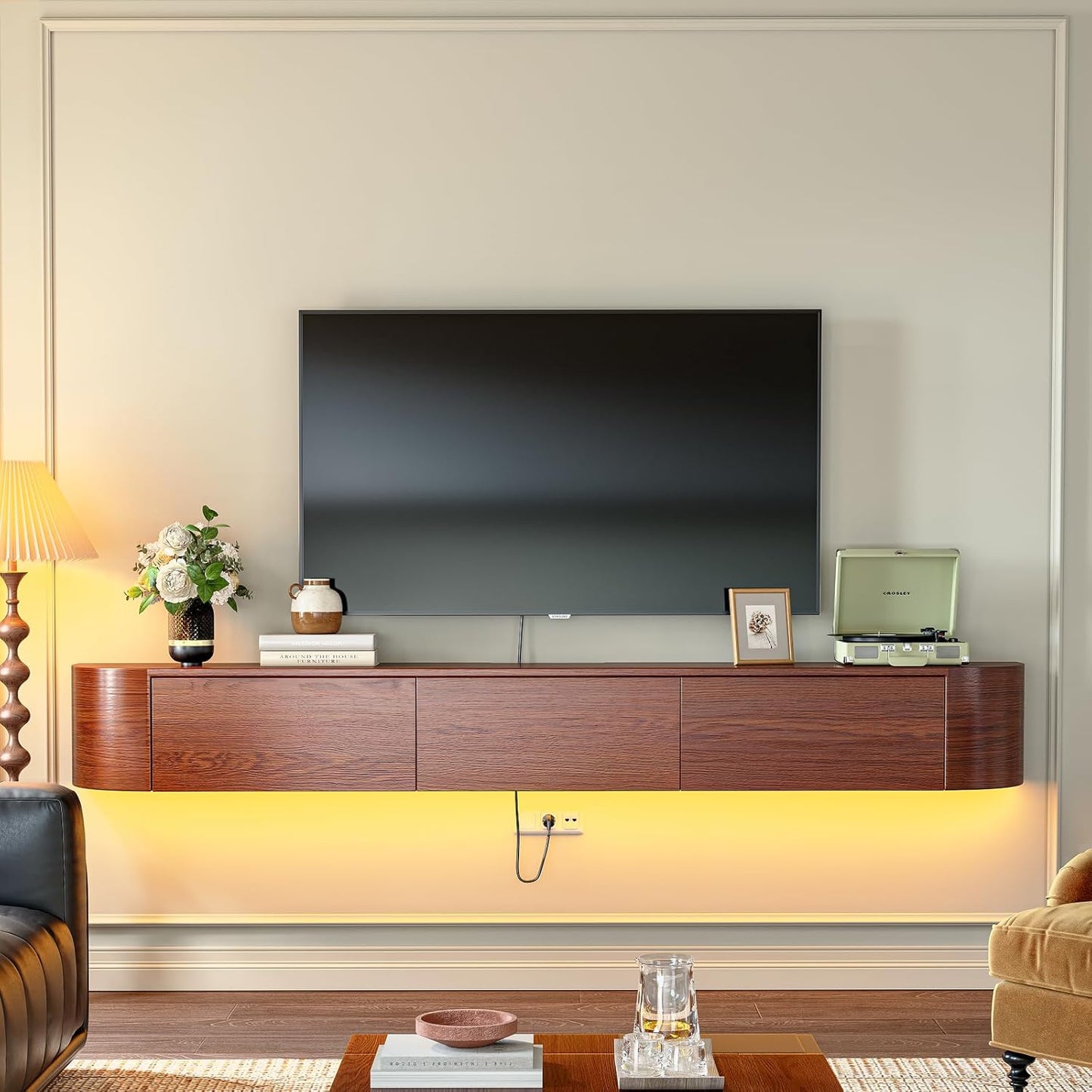 Fully Assembled Floating TV Stand with Drawers, 94IN Vintage Wall Mounted Entertainment Center, Minimalist Large Storage Console Under TV, Solid Wood Media Shelf for Living Room, Bedroom
