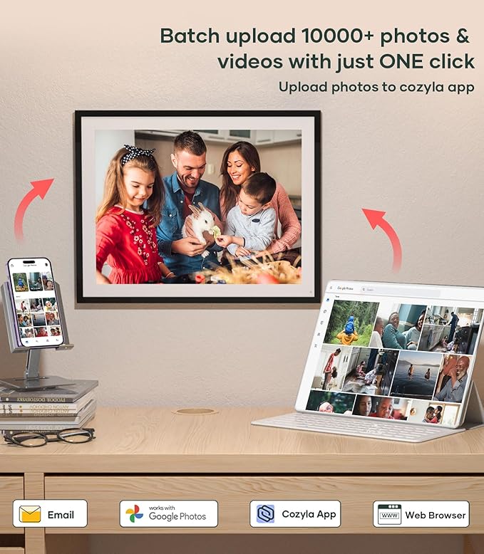 Cozyla 17'' Large Digital Picture Frame WiFi AI-Enhanced Free Unlimited Storage Wall Mount Share Photo＆Video via Apps Smart Digital Photo Frame Electric Picture Frame Slideshow Display Mat