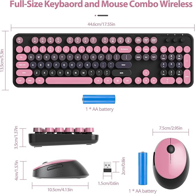 Owpkeenthy Keyboard and Mouse Wireless, Cute Retro Full-Size Cordless Keyboard with Number Pad 2.4 GHz Wireless USB Receiver for Computer (Heimei Pink)