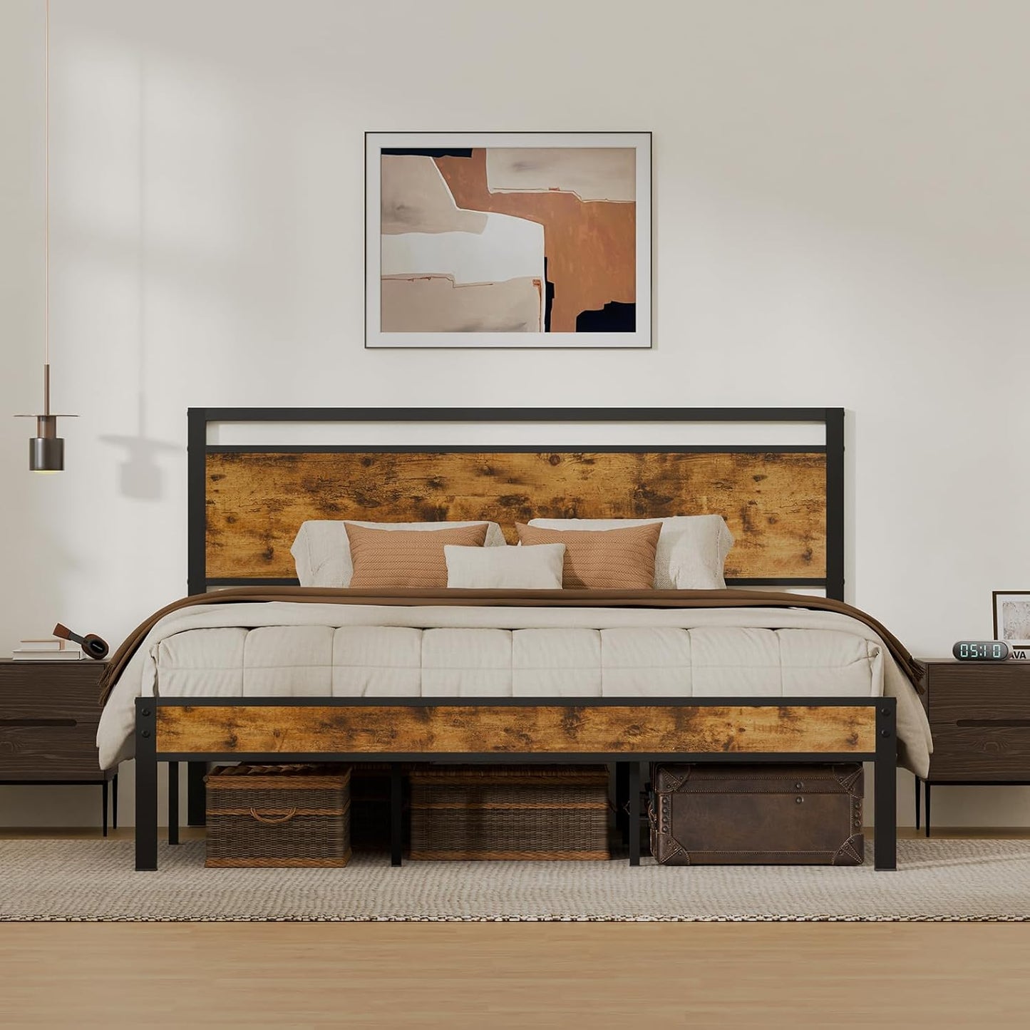 Z-hom Upgraded King Size Bed Frame, Heavy Duty Metal Sturdy King Bed Frame with Modern Wood Headboard & Footboard, Stable Platform Bed Furniture Bed Storage, No Noise, No Box Springs, Vintage Brown