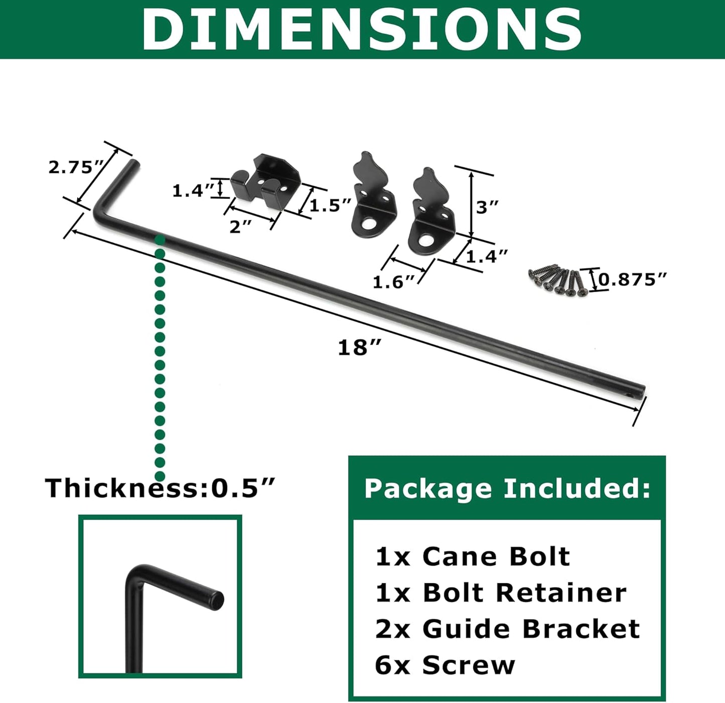 18" Heavy Duty Cane Bolt, Gate Drop Rod for Vinyl Gate Latch, Cane Bolts for Gates for Wood PVC Vinyl Metal Fences Gates-1 Pack