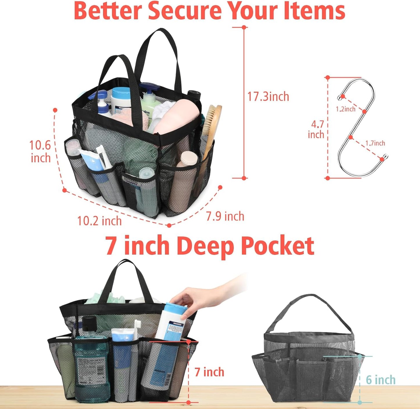 F-color Mesh Shower Caddy Portable - 2 Handles Upgrade Deeper 7 Pockets Basket Bag Tote for College Dorm Room Toiletry Bathroom Essentials Gym Camp Quick Dry with S Hook, 2 Pack, Black & Leopard