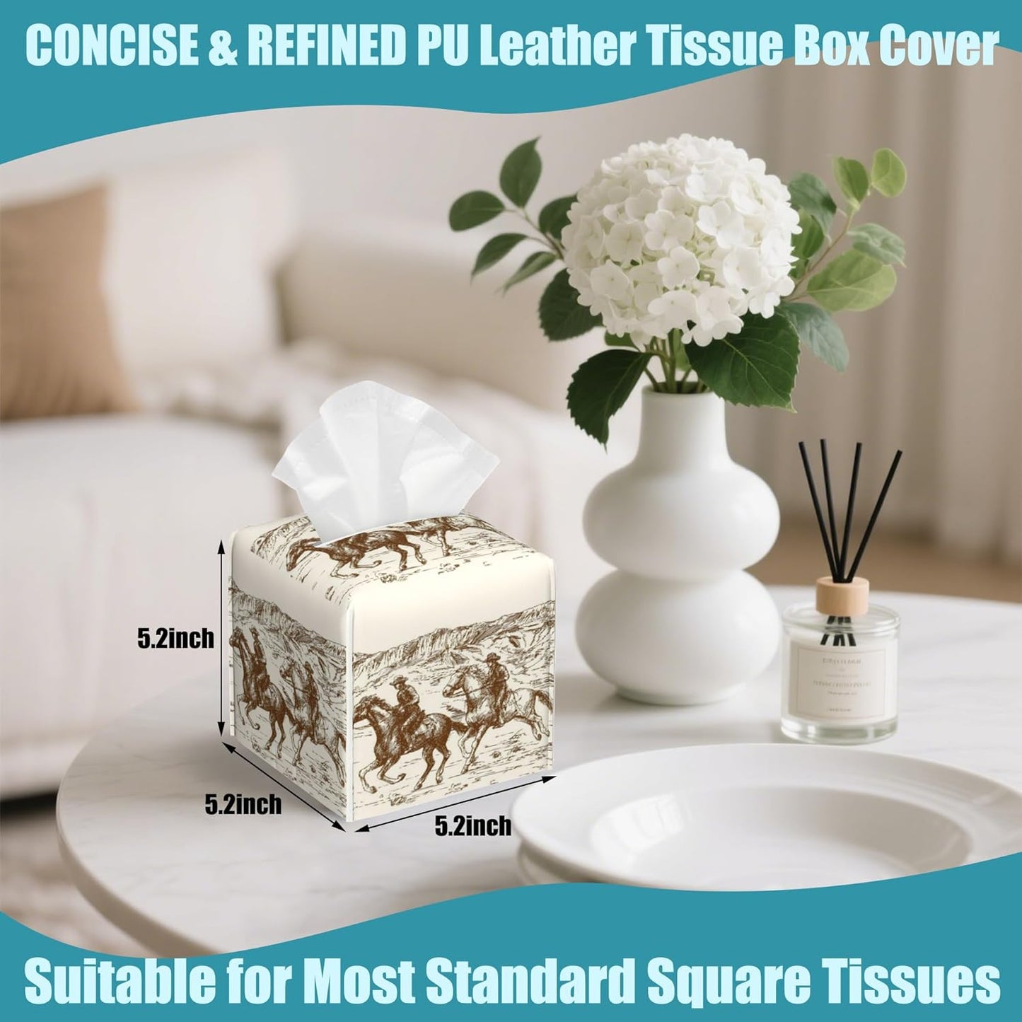 American Cowboys Tissue Box Cover,Wild West Desert Tissue Box Holder Square,Waterproof Leather Organizer Portable Decorative Facial Paper for Bedroom Dresser Night Stand Office Desk,5.2" x 5.2" x 5.2"
