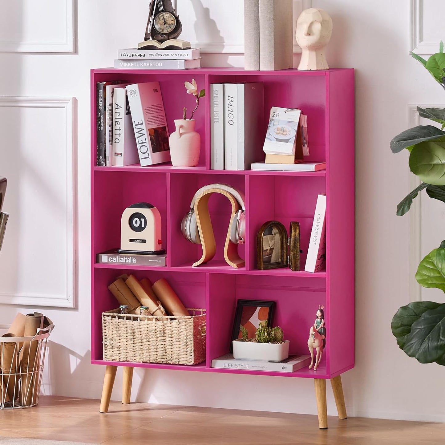 LEYAOYAO 7 Cube Bookshelf,3 Tier Book Shelf with Legs,Pink Modern Bookshelf,Large Freestanding Open Toy Modern Bookshelves,Display Bookcases Decor Furniture for Nursery