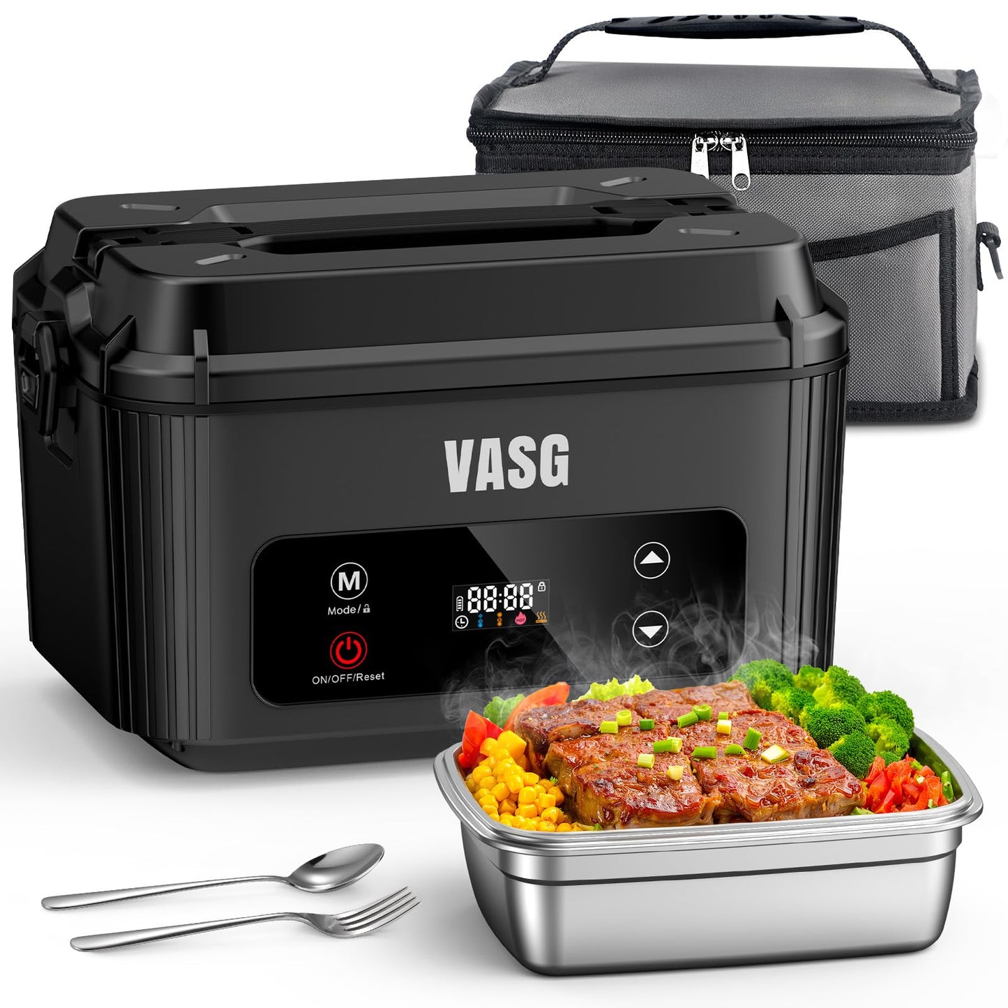 VASG 2026 Upgraded Cordless Heated Lunch Box for Adults, XXL 5.1-Cup Electric Lunch Box with 360° Surround Rapid Heating, 12000mAh Portable Food Warmer with Timer, LCD Display for Office & Car