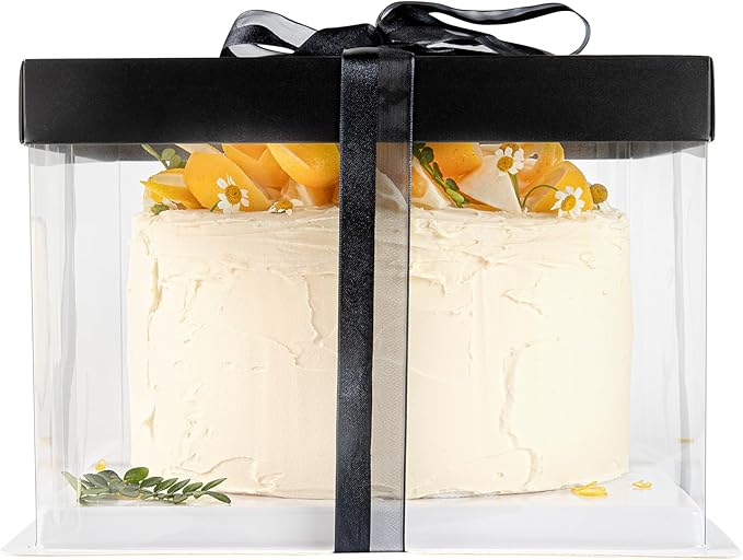 Sweet Vision Square Clear Plastic Cake Box - Black Lid and White Base, Black Ribbon - 8 1/2" x 8 1/2" x 6 3/4" - 10 count box