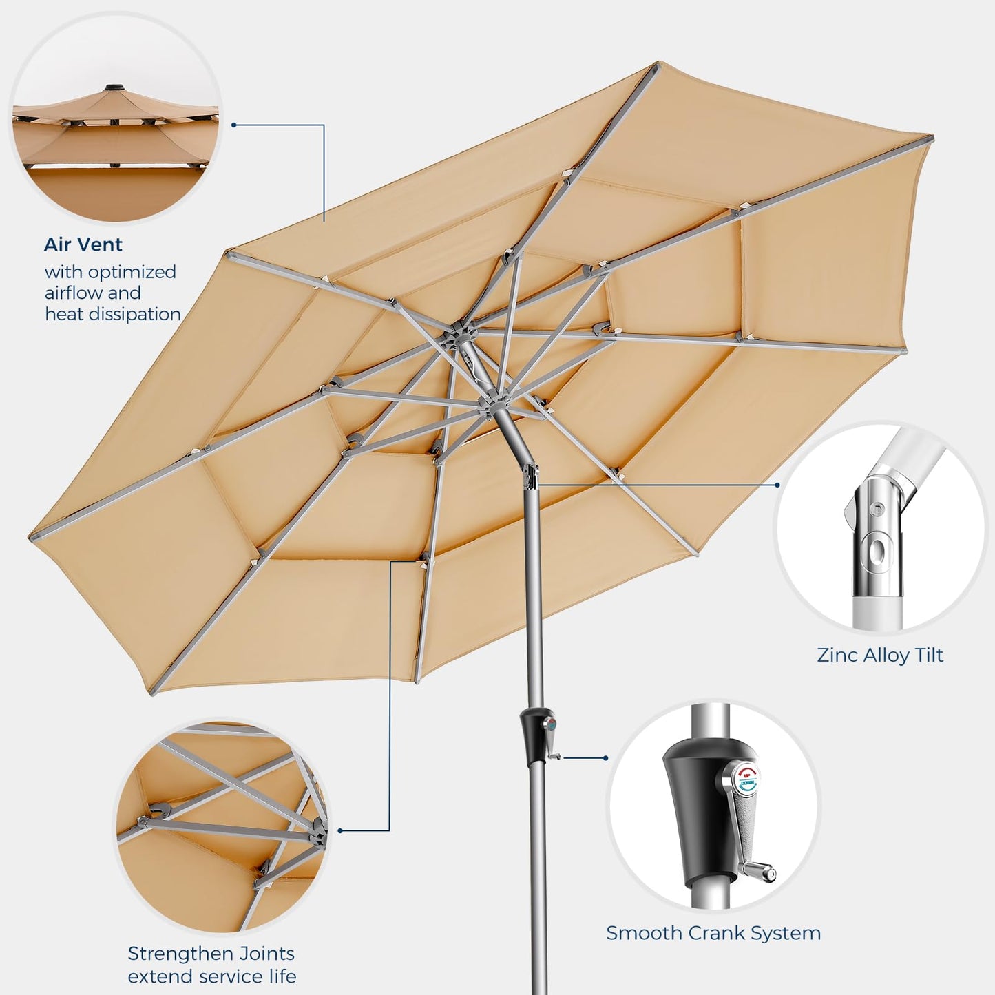 HOMSHADE 9ft Aluminum Patio Umbrella - 3 Tiers Vented Outdoor Commercial Market Table Umbrella, Heavy Duty Wind Proof Deck Pool Umbrellas UPF50+ UV Protection 5-Year Fade Resistant (Beige)
