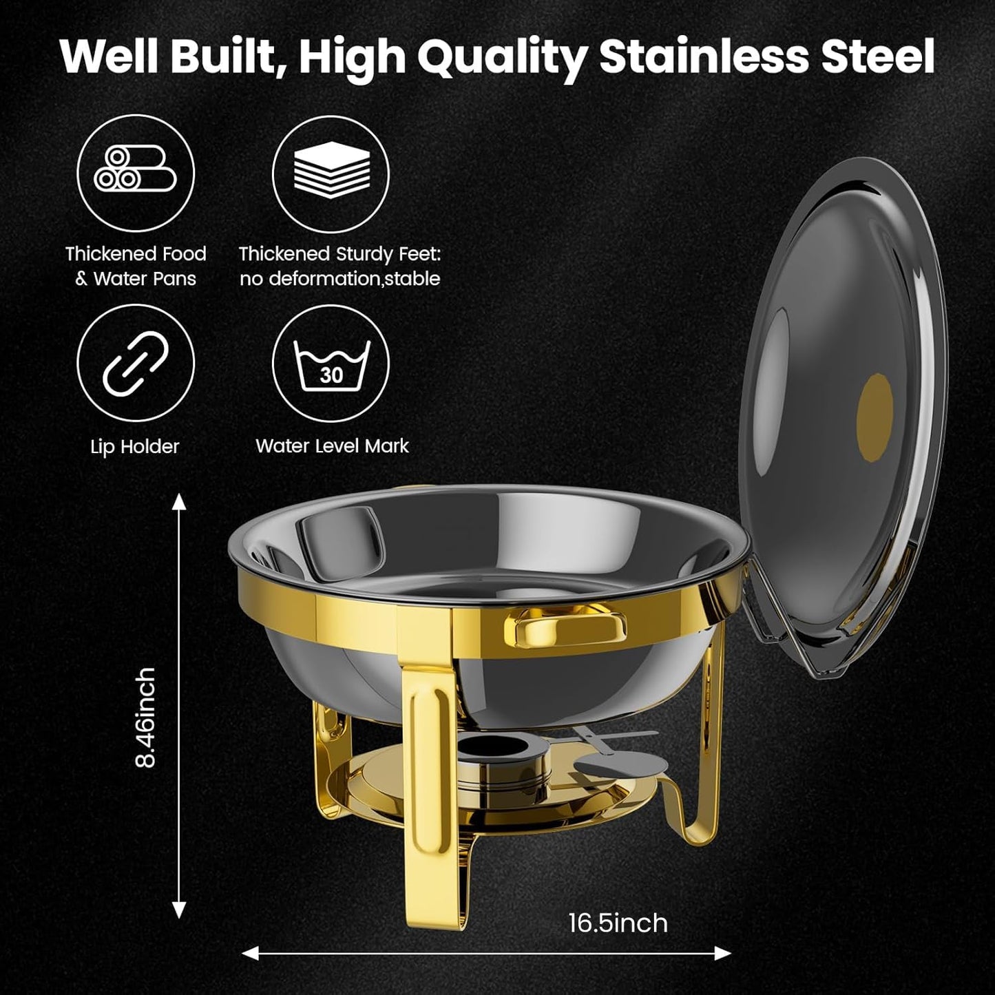 Round Chafing Dishes for Buffet 4 Pack, 6QT Chafers and Buffet Warmers Sets with 2 Heat-Proof Gloves, 4 Spoons, 4 Slotted Spoons & 4 Tongs, Gold Chafing Dishes for Buffet Parties Gatherings