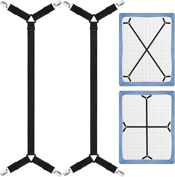 Morcheiong Bed Sheet Fasteners Straps Adjustable Bed Sheet Holder Bands with Sheet Clips for Bedding Stays Bedsheet Tie Downs, Set of 2