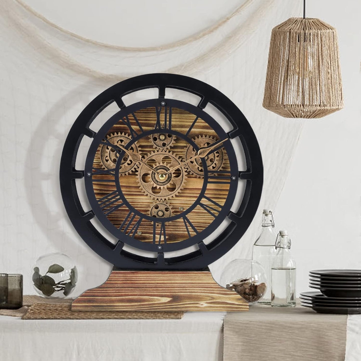 Lafocuse Small Wooden Black Wall Clock with Moving Gears for Living Room Home Decor, Farmhouse Rustic Desk Clock, Vintage Mantel Clocks, 10 Inch