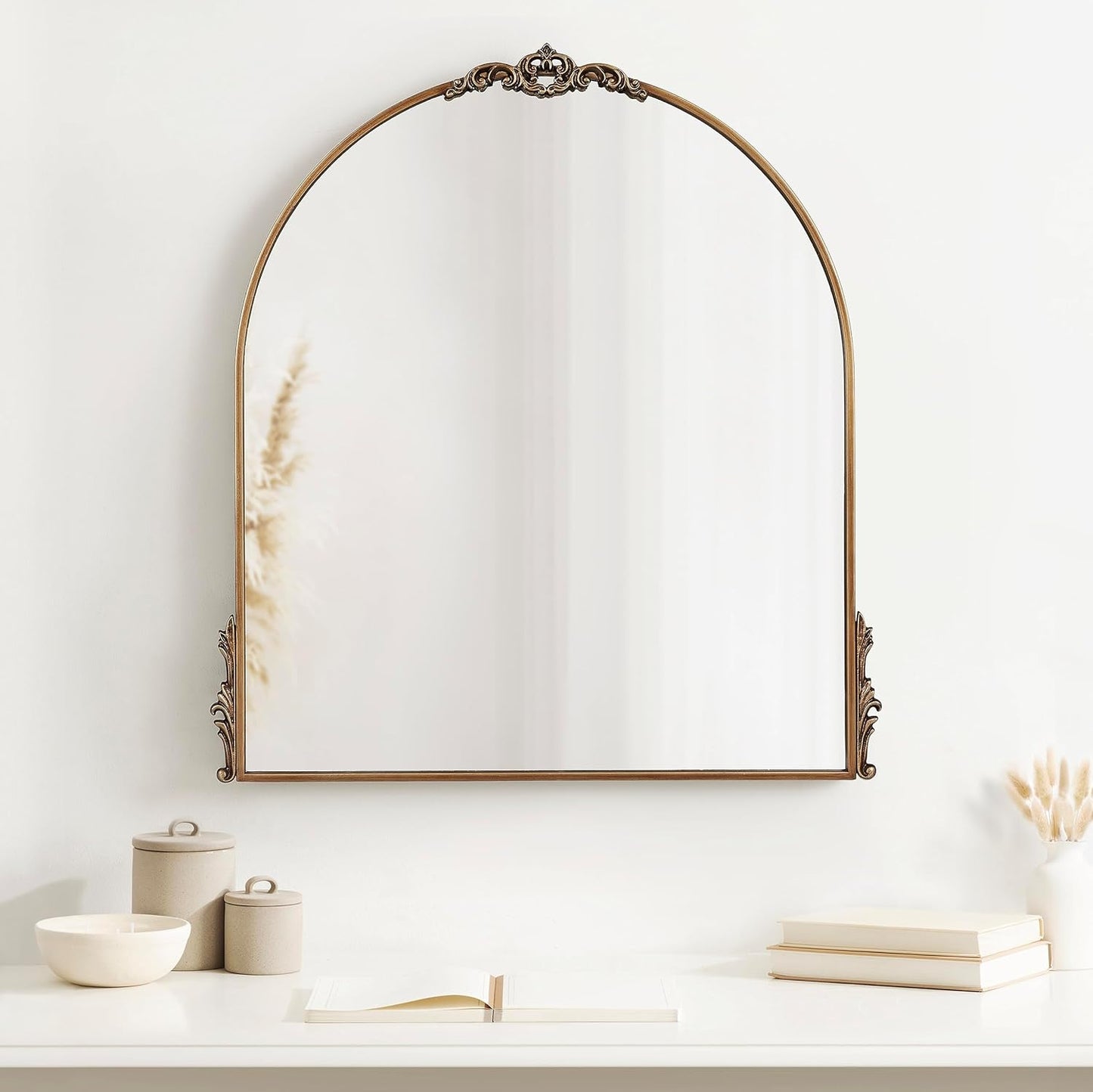 Kate and Laurel Myrcelle Traditional Arched Mirror; 30 x 32; Antique Gold; Decorative Large Vintage Arch Mirror with Ornate Garland Detailing Along The Crown and Edges of The Frame