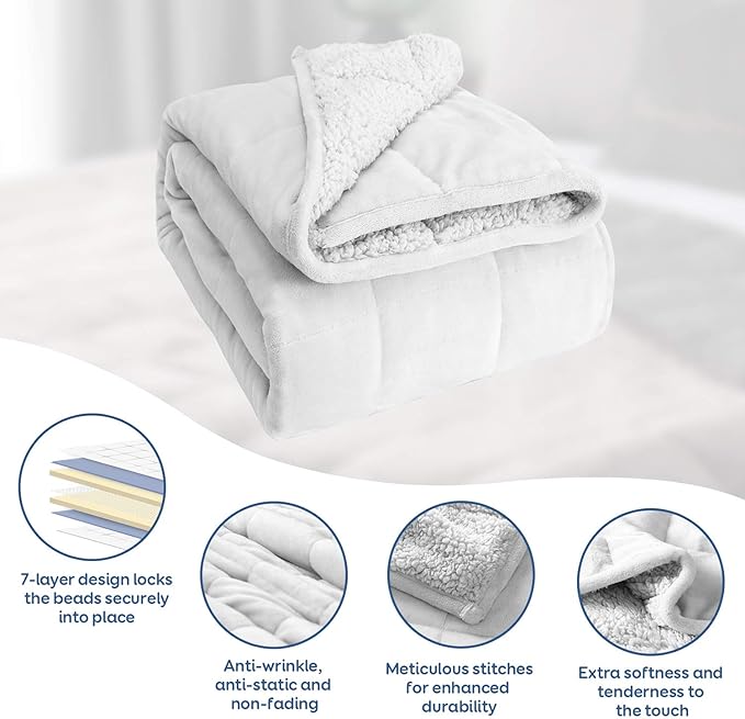 Cottonblue Sherpa Fleece Weighted Blanket 15 lbs for Adult, Sherpa Flannel Cozy Plush Bed Blankets, Fuzzy Sherpa Flannel Blanket Full Size, Minky Soft Blanket for Sofa Bed,48 x 72 inches,Snow White