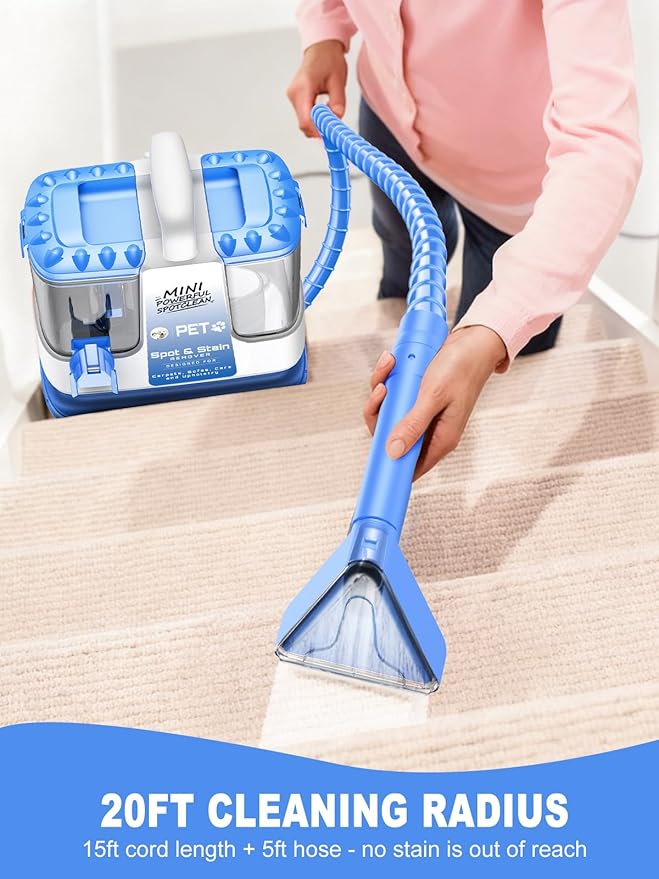Carpet Cleaner Machine, 20Kpa Powerful Suction with 5 Cleaning Tools, Cleaning Solution, Car/Auto Detailer, Lightweight Compact Design for Rug, Carpet, Car Seats, Pets, Stairs, Couches,Blue