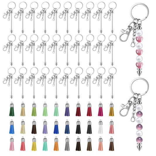60 Pcs Beadable Keychains Bars with Tassel Silver Beads Keychain Making Kit DIY Blank Beaded Keychain with 36 Colorful Leather Tassel for Key Chain Making Supplies Jewelry Mak ing Gift