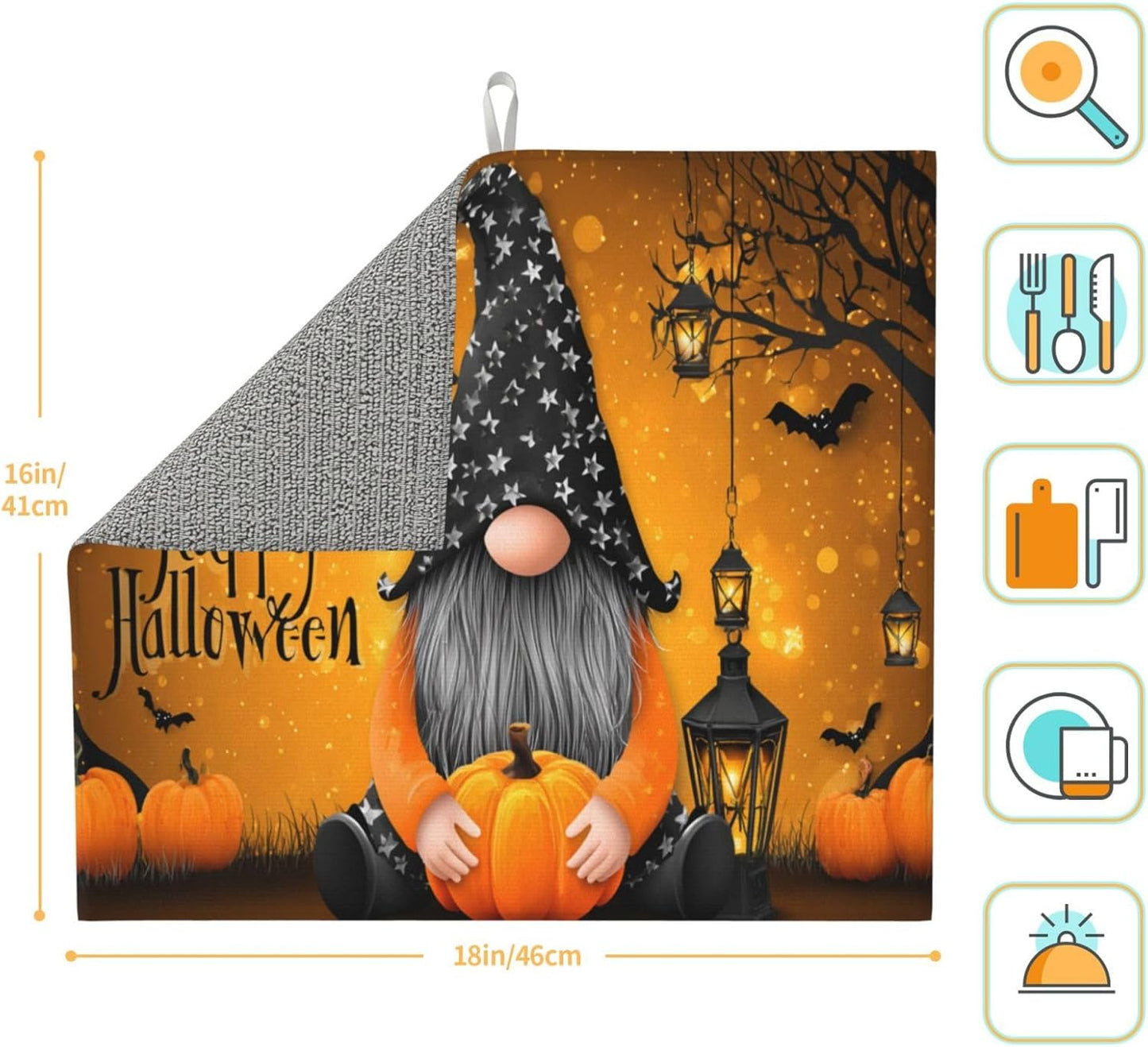 Dish Drying Mat Pumpkin Gnome Halloween Night for Kitchen Counter Absorbent 16x18 Inch Microfiber Dishes Plate Glass Dry Draining Pad Reversible Washable