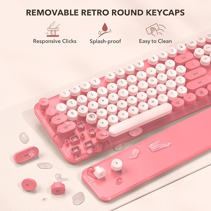Wireless Keyboard and Mouse Combo, Retro Keyboard with Round Keycaps, Full-Size Typewriter Style Keyboard with Detachable Wrist Rest, 2.4GHz Only Cordless Connection for Windows/PC/Laptop (Baby Pink)
