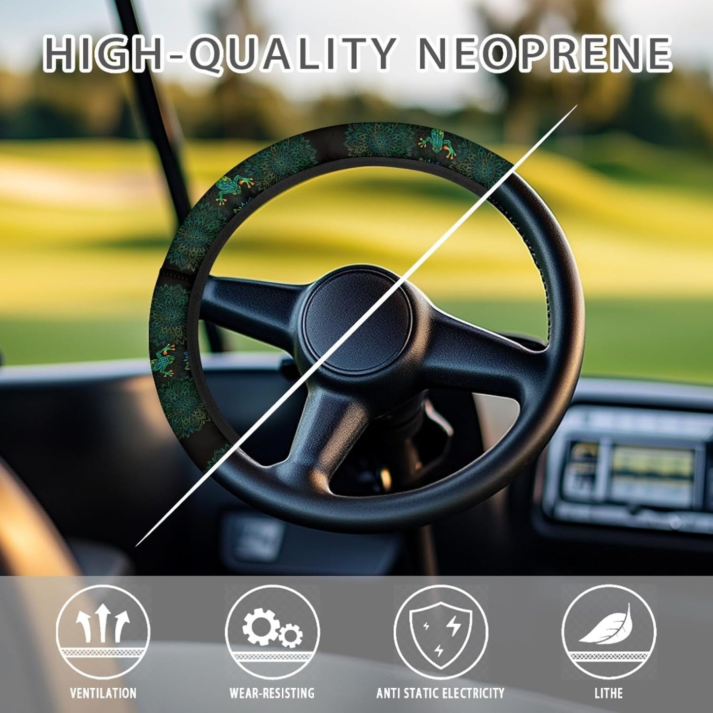 Frog Golf Cart Steering Wheel Cover Anti Slip Club Car Steering Wheel Covers Green Boho Flowers Golf Cart Accessories Sun Reflective Protection