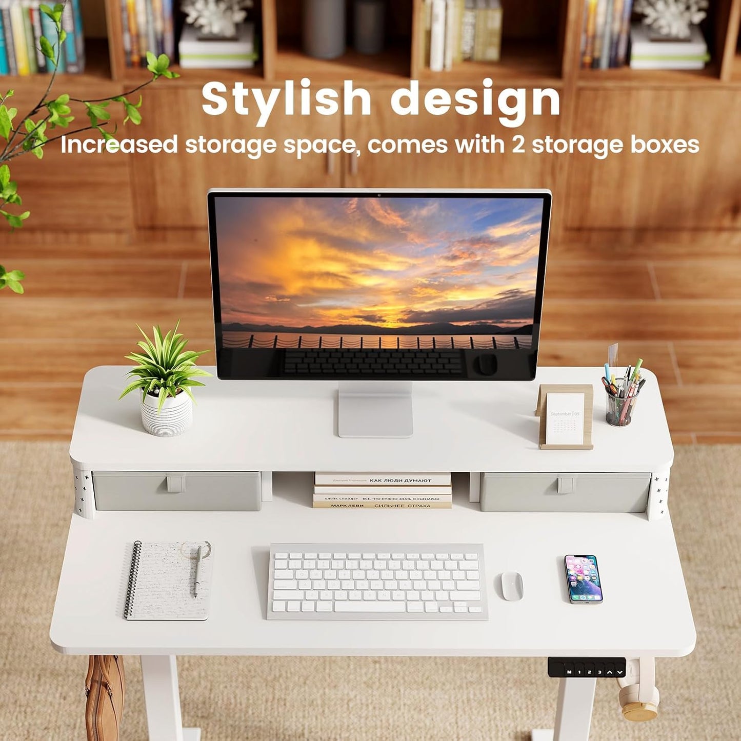 Small Standing Desk with Drawers and Brushless Motor,Electric Sit Stand Desk for Walking Pad,Ergonomic Stand Up Desk for Home Office & Gaming,3 Memory Height Preset & Hooks(40" x 24",White)