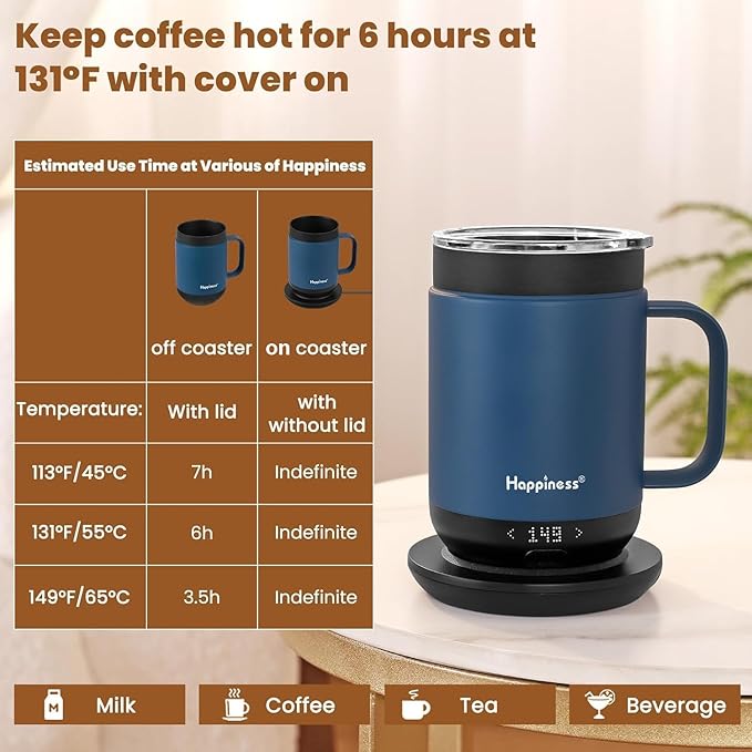 Happiness Smart Heated Coffee Mug,16oz Rechargeable Electric Self Heating Temperature Control Coffee Cup