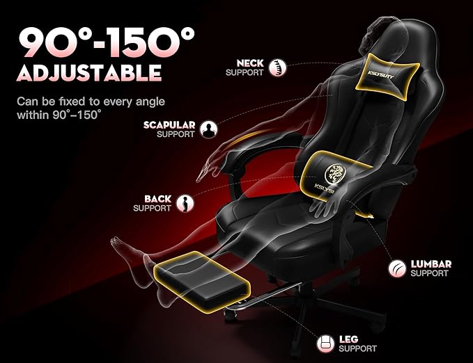 Gaming Chair for Adults with Footrest and Lumbar Support, Height Adjustable Game Chair with 360°-Swivel Seat and Headrest and for Office or Gaming (Black)