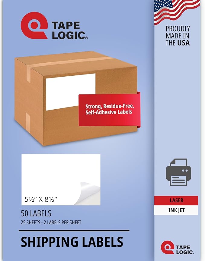 TAPE LOGIC Printable Self-Adhesive 5 ½” x 8 ½” White Laser Labels (25 Sheets of 2) | 50 All Purpose Blank Sticker Label, Office & Personal Supplies for Address Shipping & Mailing