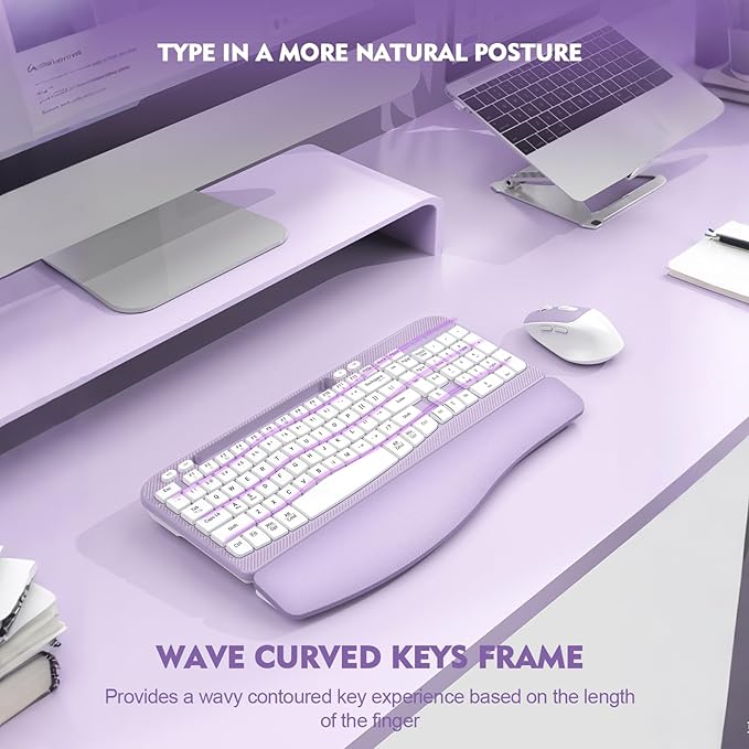 Wireless Keyboard and Mouse Combo, Wave Keys Full-Sized Ergonomic Keyboard with Cushioned Plam Rest, Phone Holder, Comfortable Natural Typing, 2.4G Cordless Set for Computer, Laptop, Pc, Mac, Windows