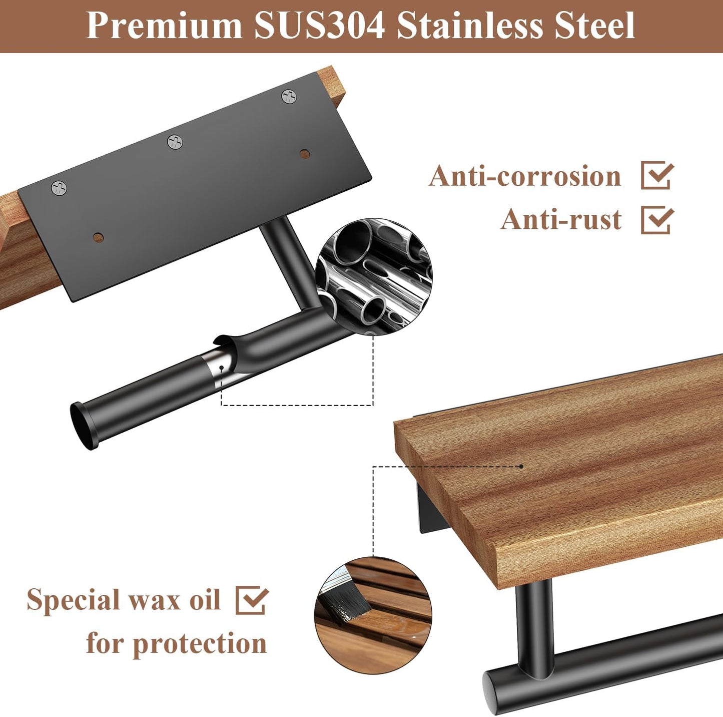 Tindbea Toilet Paper Holder with Wood Shelf, Wooden Wall Mount Tissue Paper Roll Holder, Matte Black Stainless Steel Bathroom Accessories Decor for Home (Sapele, Matte Black)