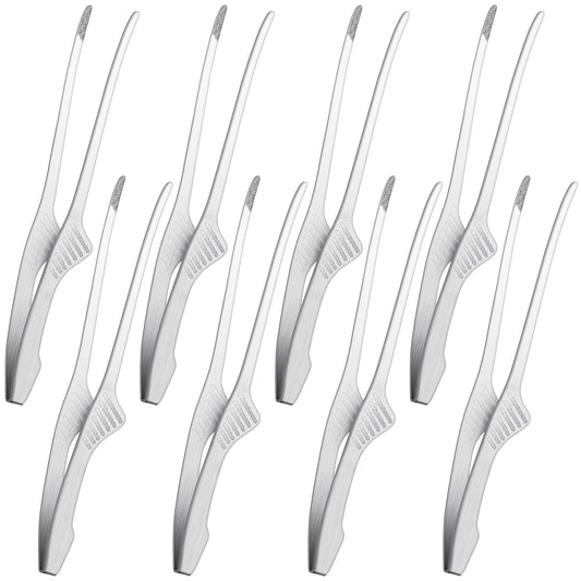 Patelai 8 Pieces Korean and Japanese BBQ Tongs Non Slip Cooking Utensils Stainless Steel Tongs for Serving Food, Salad, Camping, Barbecue, Buffet, Oven with Support Stand (Silver)