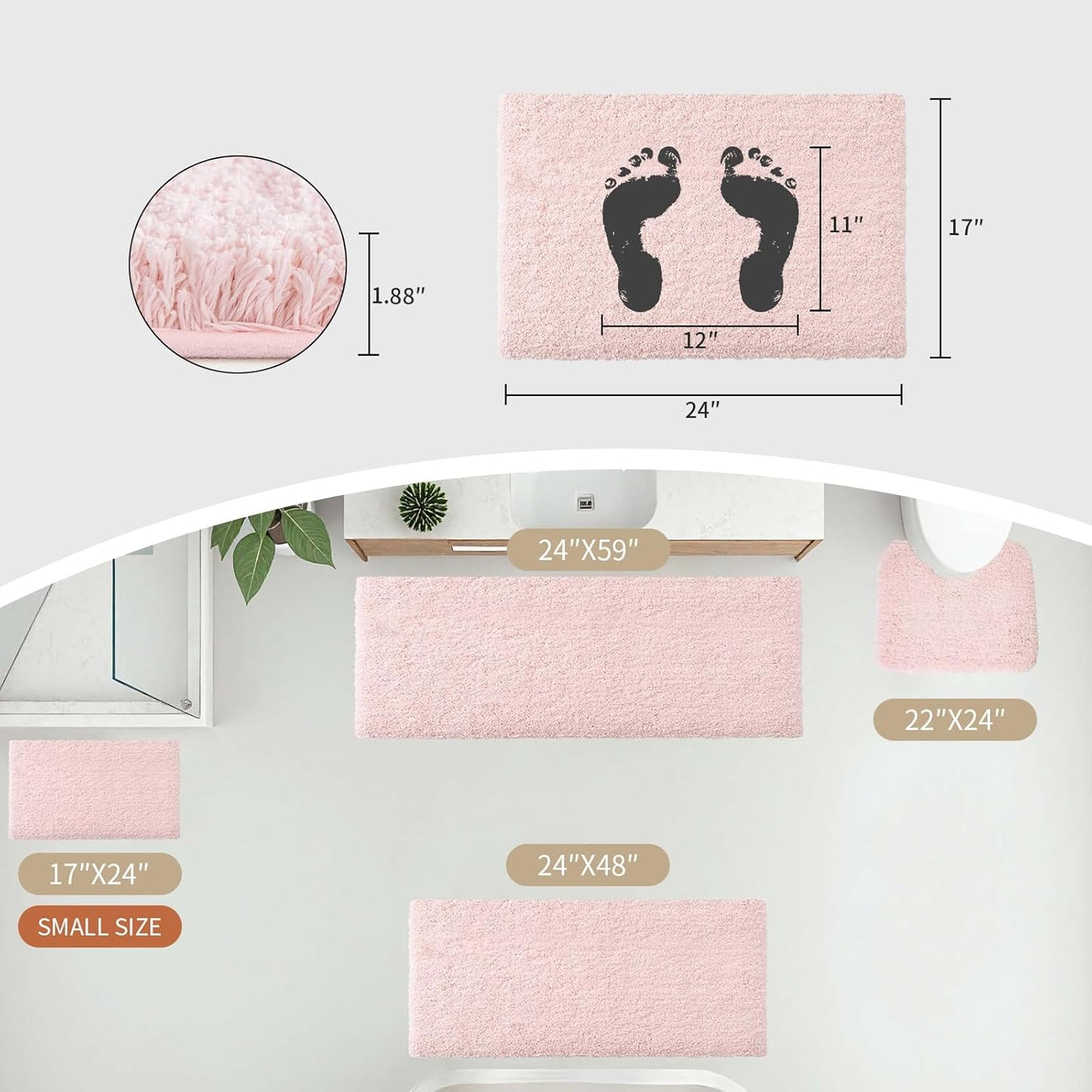 Pink Bathroom Runner Rug 24x70 Non Slip Fluffy Long Bath Mat for Bathroom Floor Washable Plush Luxury Bath Rug for Tub Absorbent Shower Sink Mat Bedside Rug