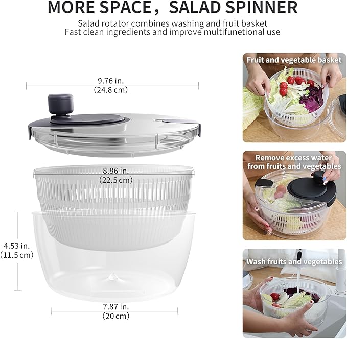 Salad Spinner Large, Fruit Washing Bowl with Strainer, Quick and Easy Use Lettuce Spinner, Fruits and Vegetables Washer, Lettuce Salad Dryer, Kitchen Essentials (4L/4.23Qt)