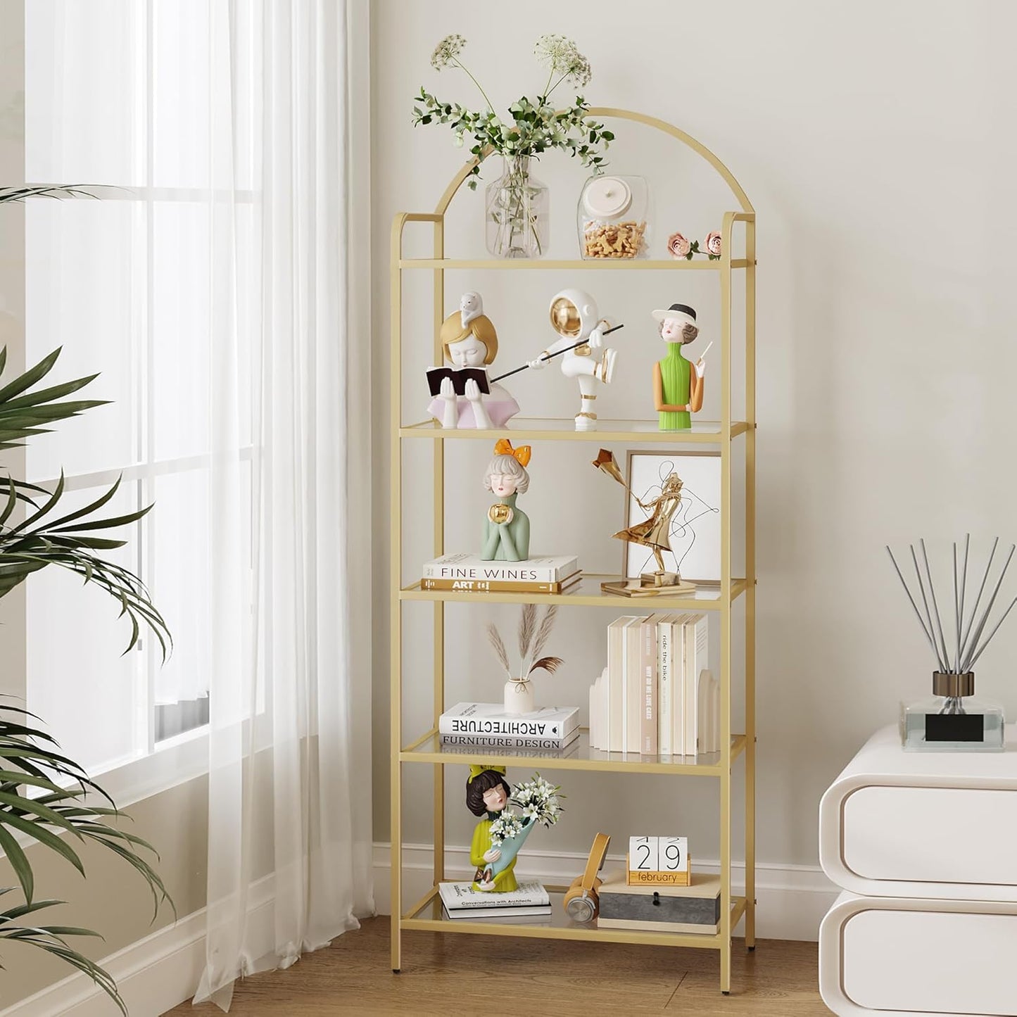 Bookcase Bookshelf, Tempered Glass Bookshelves, Slim Shelving Unit for Bedroom, Bathroom, Home Office, Steel Frame, 5 Tier Gold BC21599G