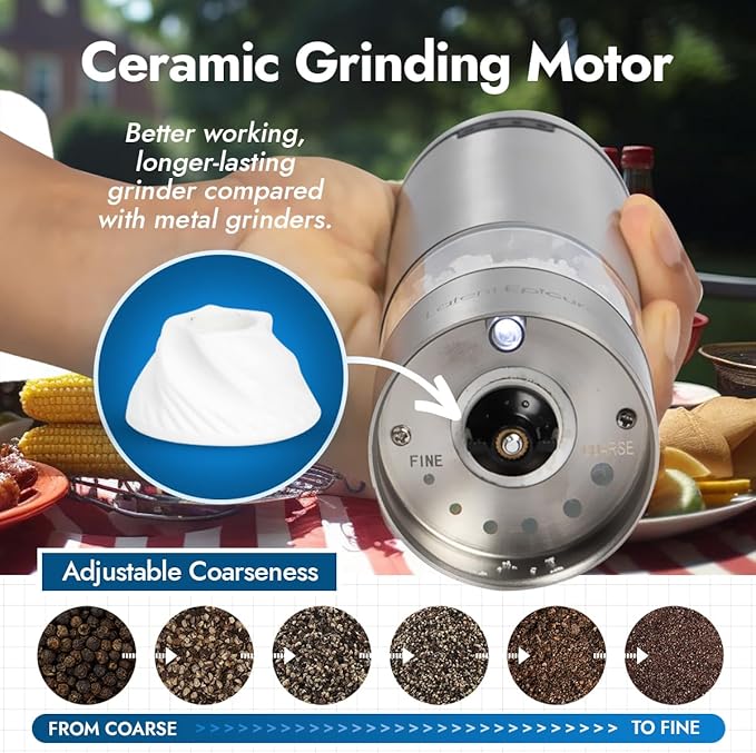 Electric Salt and Pepper Grinder (SINGLE) - Rechargeable USB-C - Stainless Steel Salt, Pepper or Spice Mill with LED Light - One Handed Operation - Adjustable Ceramic Grinders