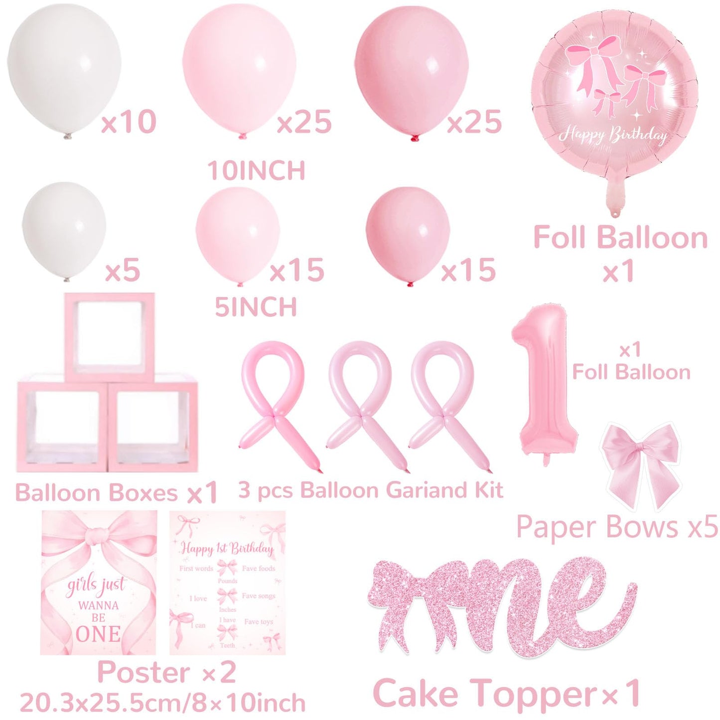 Pink Bow 1st Birthday Decorations, Girls Just Wanna Be One Birthday Decorations Kit Include Pink White Balloon Arch,Backdrop,Banner,Balloon Boxes,High Chair Banner,Bow Tablecloth,Bow Cupcake Toppers