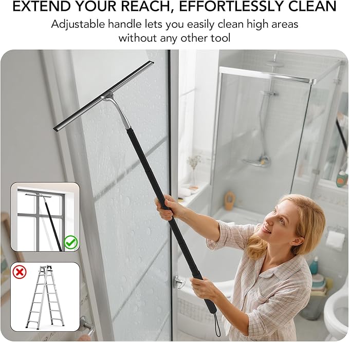 Shower Squeegee with Long Handle, 15-51" Telescopic Squeegee for Window Cleaning, Window Squeegee for Glass Doors, Extendable Window Cleaner Tool for Tile Walls, Sliding Door, Floor, Car Windshield