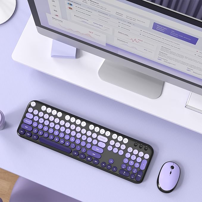 Wireless Keyboard Mouse Combo, Typewriter Full Size Keyboard and 2 in 1 USB Connected Mouse for Windows 7/8/10, Laptop, Desktop, PC, Computer (Black Purple)