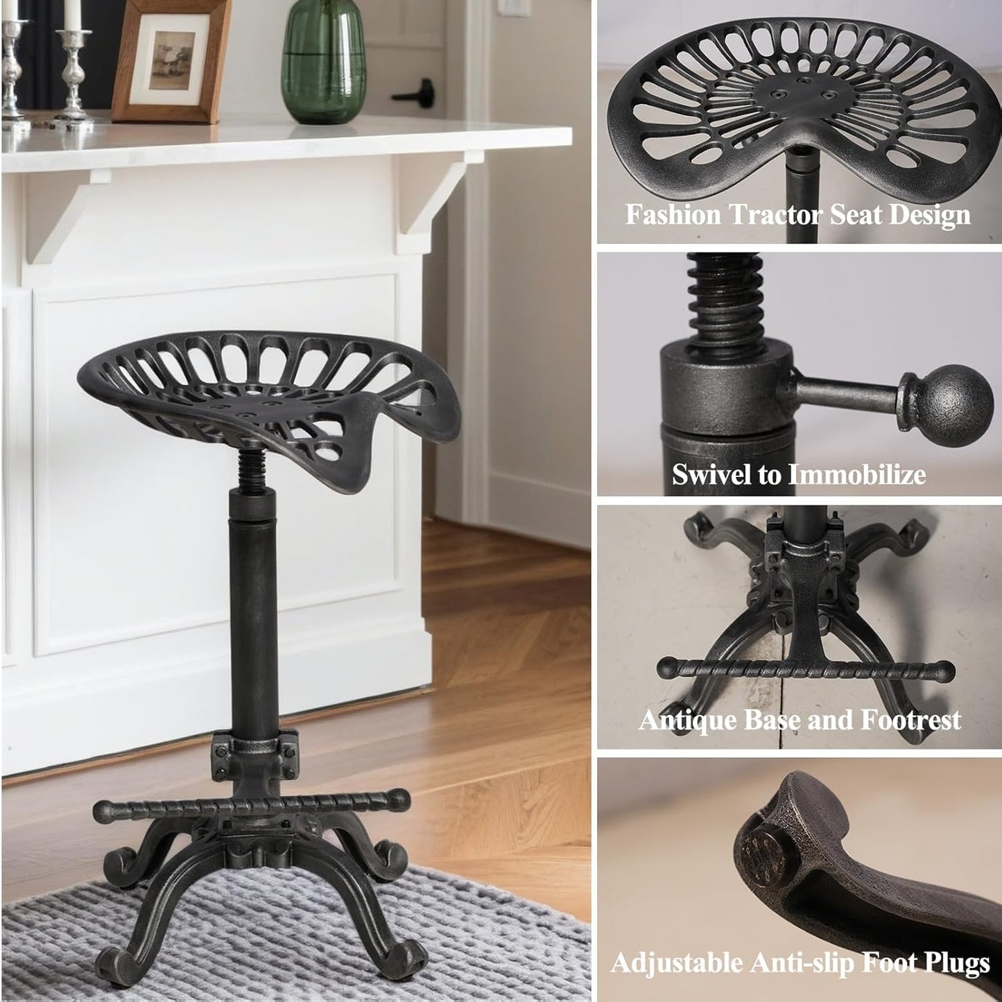 Rustic Tractor Seat Bar Stool Cast Iron Saddle Seat Industrial Counter Stools 20-27inch Height Adjustable