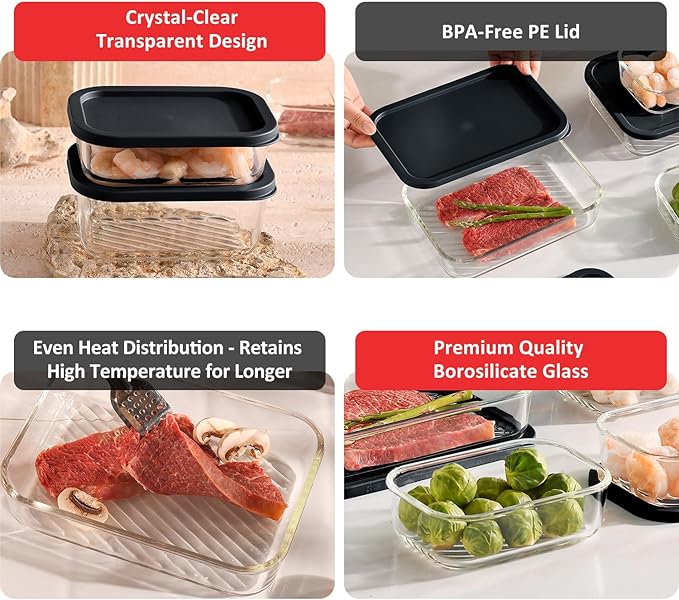 EATEX 12 Pack Glass Meal Prep Containers with Grooved Base, 12 Stackable BPA Free Glass Storage Containers with Lids for Lunch, Pantry, and Kitchen - Microwave, Dishwasher Freezer & Oven Safe - Sage