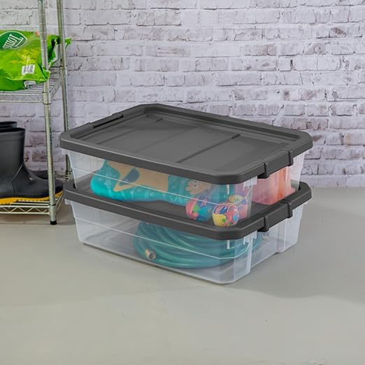 Sterilite 6-Pack Modular Stacker Box, Durable Clear Plastic Storage Bins with Latching Lids, 40 Quart - Stackable Organizing Container Boxes for Closet, Bathroom, and Office