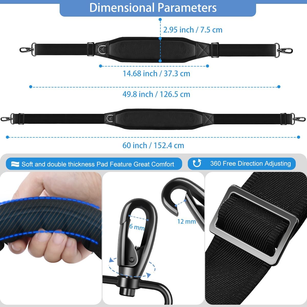 ZINZ Fixed Pad Bag Strap 60 inch Belt with Cushion Breathable Pad,Durable Strap with Double Adjustable Buckle and Metal Hooks