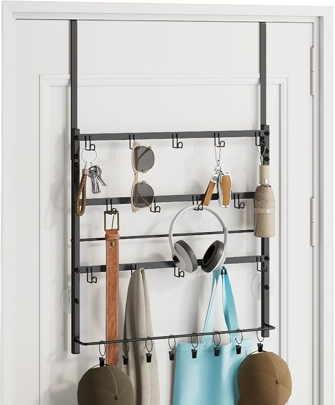 Consumest Over The Door Organizer - 4 Tier Door Hanger Hooks for Hanging Clothing, 24 Inches Long Coat Hanger for Bedroom, Bathroom, Laundry or Dorm Room, Black