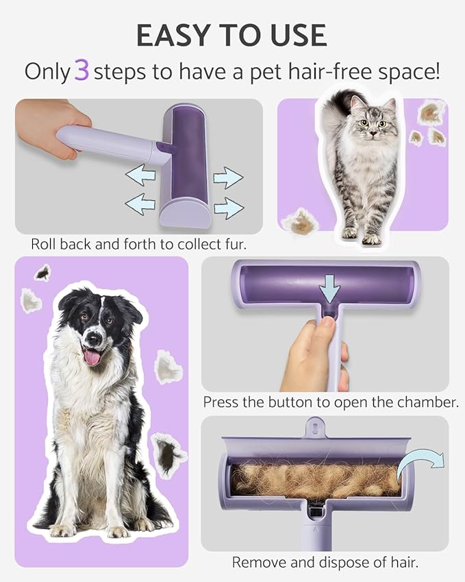 Pet Hair Remover, Reusable Cat & Dog Hair Removal Tool, Fur Removal Tool, Reusable Lint Roller for Furniture, Couch, Carpet and Bedding, Easy to Use & Clean Out (Purple)