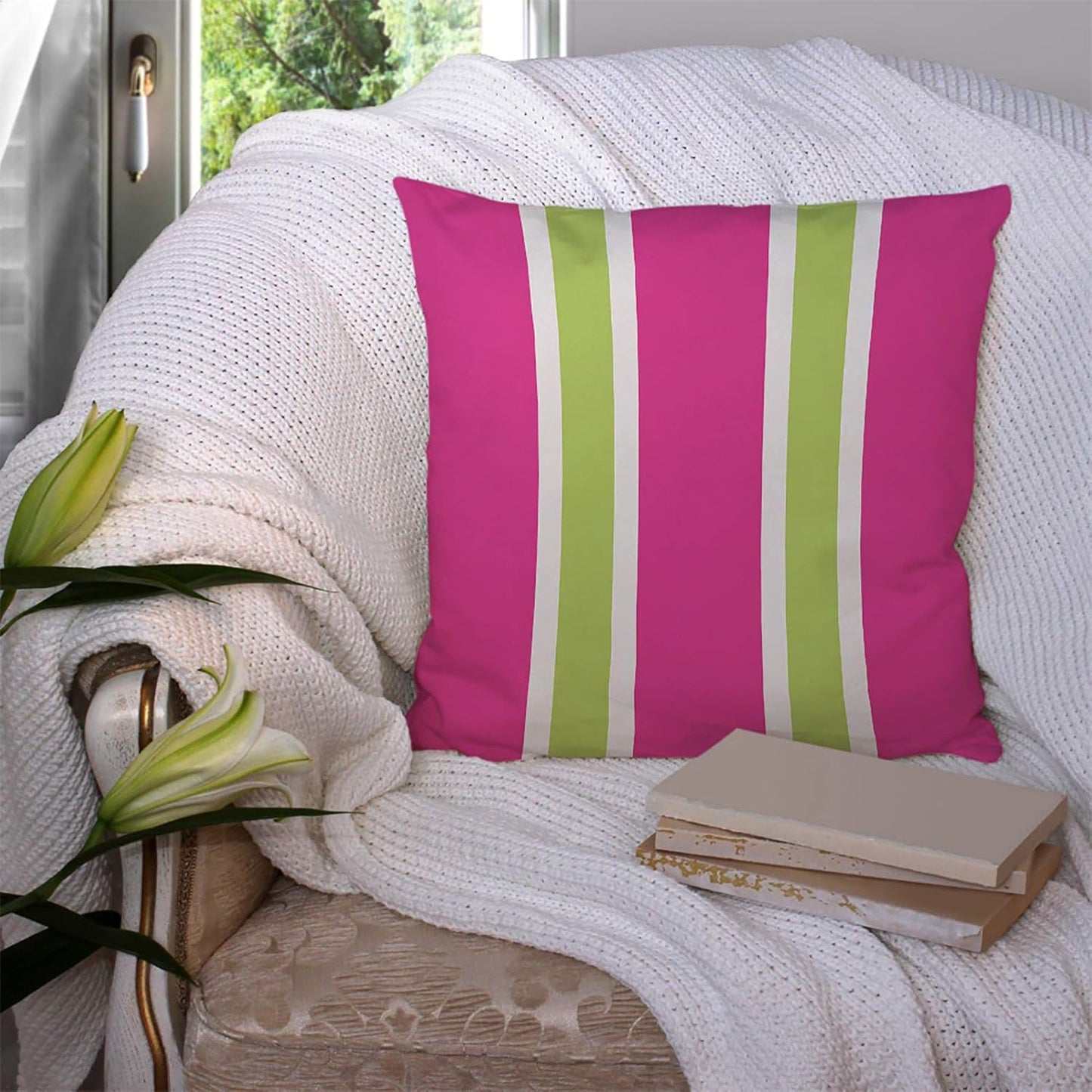 Throw Pillow Covers Chic Pretty Hot Pink Green Stripes Cotton Linen Decorative Square Pillowcases Cushion Cover 18 X 18 Inch