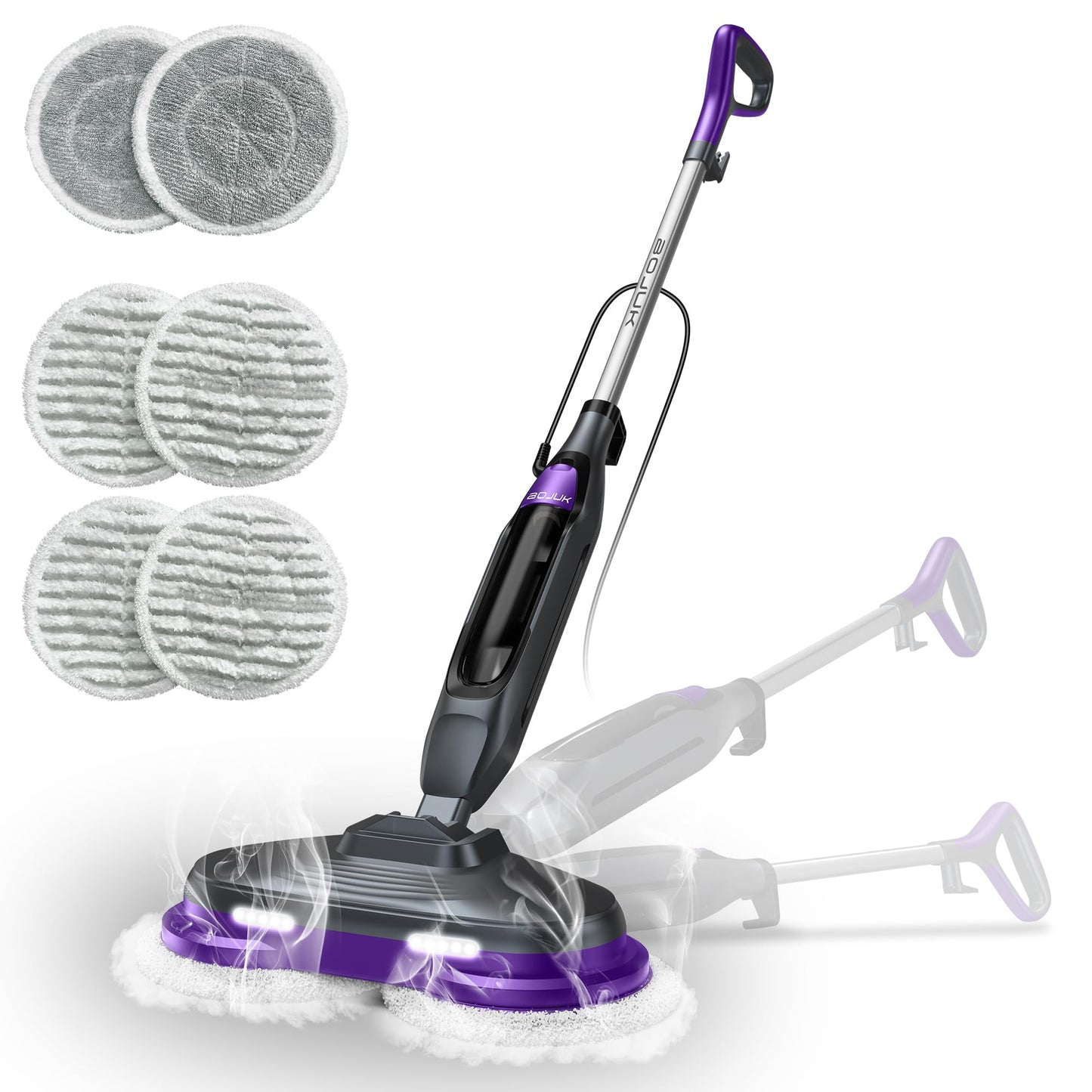 Bojuk Scrub & Steam Mop With Rotating Mop Pads, Led Headlights, 6 Scrub Pads, Large Tank, Swivel Steering, Effortless Scrubbing