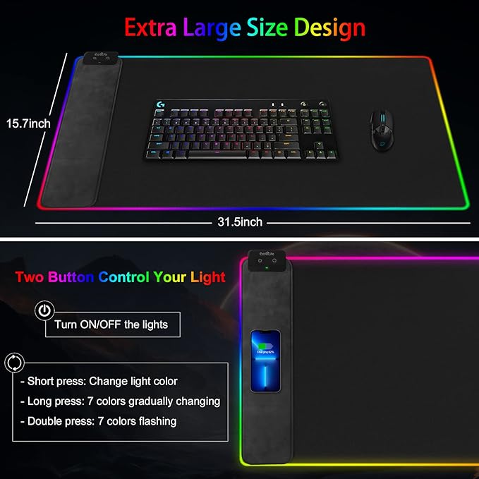 Wireless Charging RGB Gaming Mouse Pad, 31.5"x15.7" Large Desk Mat, Desk Pad with Wireless Charger, Non-Slip Rubber Base, Waterproof, Computer Keyboard Mat for Gamer, Office, Home, Black