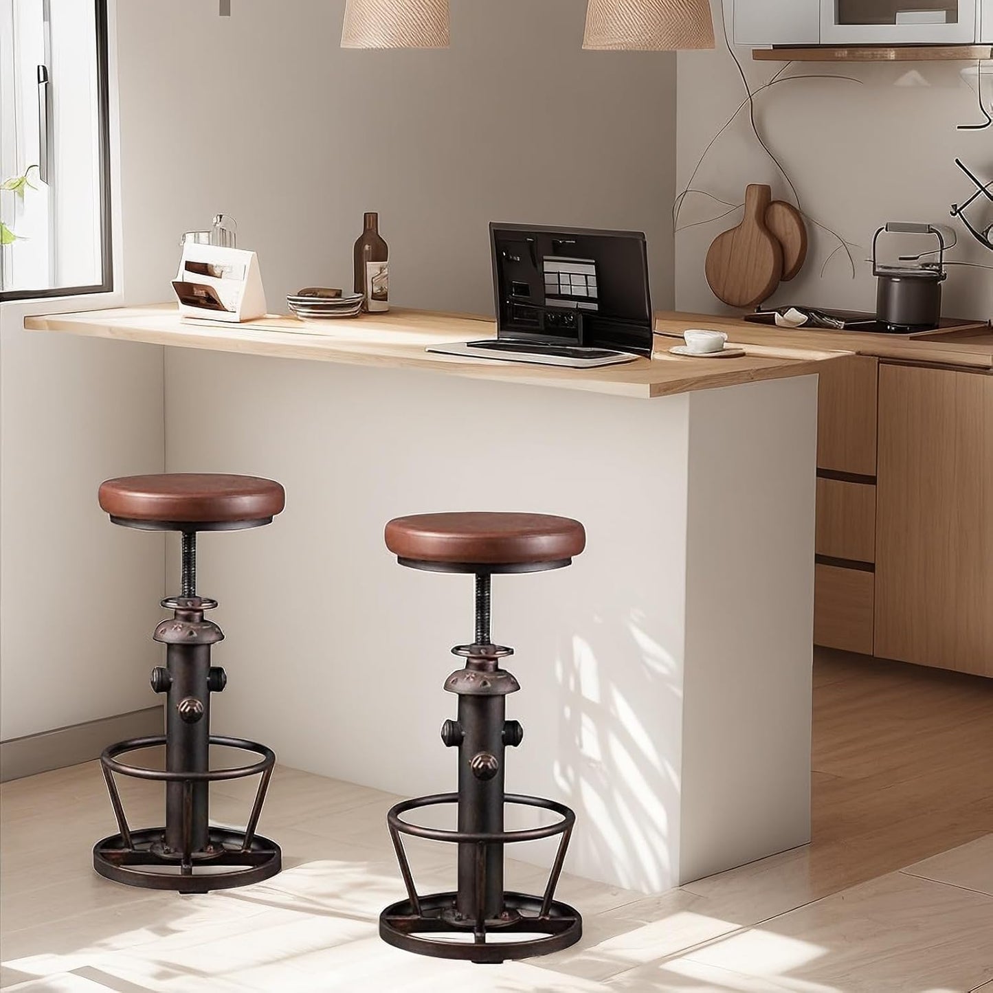 Vintage Swivel Bar Stools Industrial Leather Seat Bar Stool Fire Hydrant Design Kitchen Dinning Chair 24-30inch Height Adjustable with Footrest