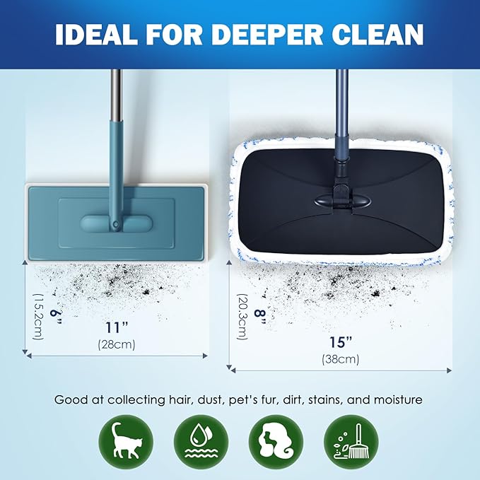 Large Surface Flat Mop, 15x8 Inches, 3Pack Microfiber Wet Mop Refills, Reusable & Washable, Compatible with Hardwood Floor & More, Includes 1 Cleaning Scraper