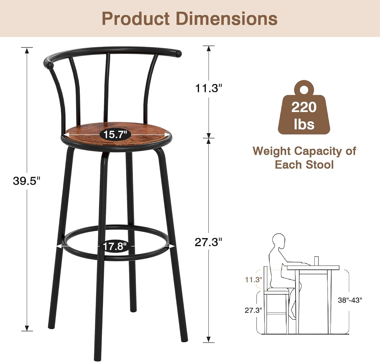 VECELO Bar Stools Set of 2, Swivel Counter Stools with Backrest, Bar Height Stools for Dining Room, Kitchen Island, Pub, Easy Assembly, Dark Brown