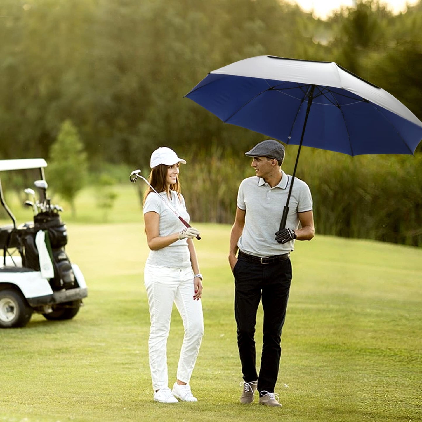 G4Free Vented UV Golf/Beach Umbrella 68" Arc, Auto Open Oversize Extra Large Windproof Sun Shade Rain Umbrellas(Silver/Blue)